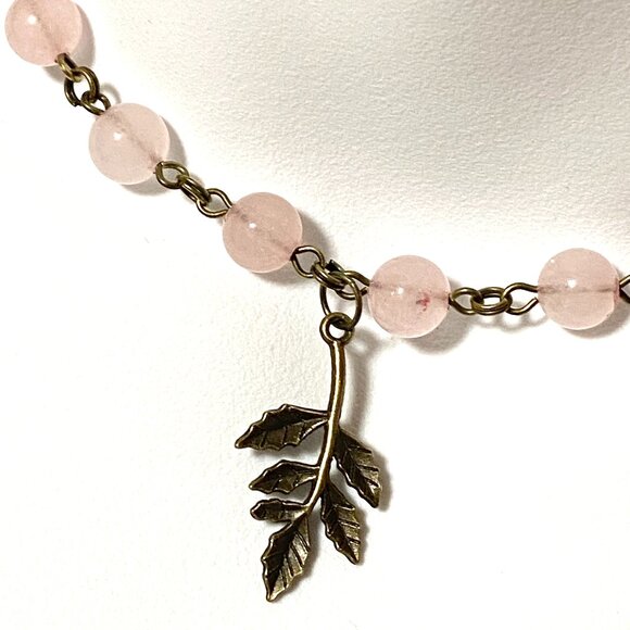 Natural Pink Rose Quartz Necklace, Bronze Leaf Branch + Genuine Gemstone Choker - Picture 1 of 14